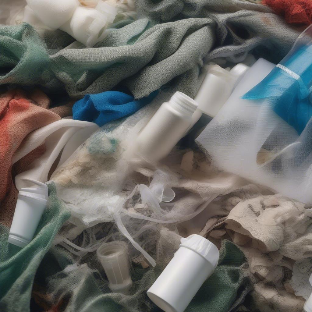 Recycled materials used in non-woven bag production, including plastic bottles and fabric scraps.