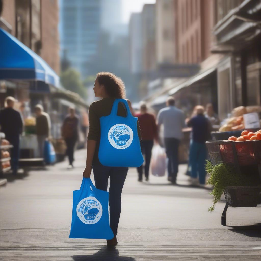 Woman shopping with a recycled non-woven bag