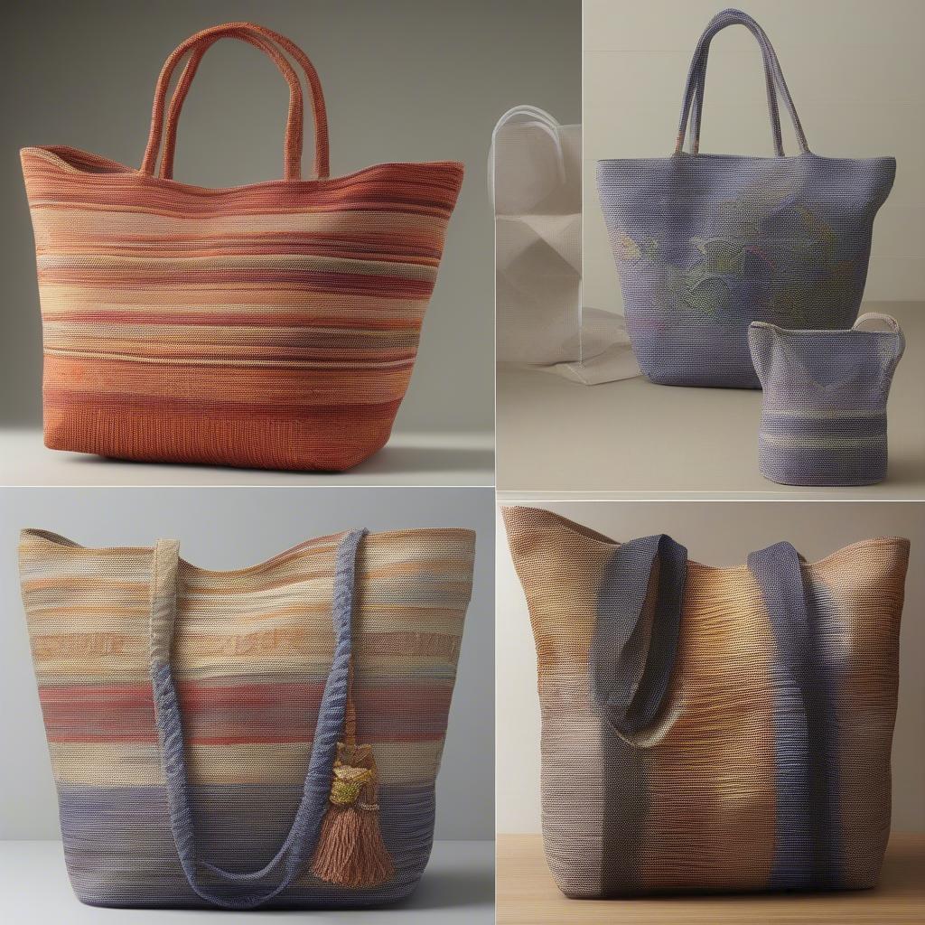 Recycled plastic woven tote bags in various colors and styles