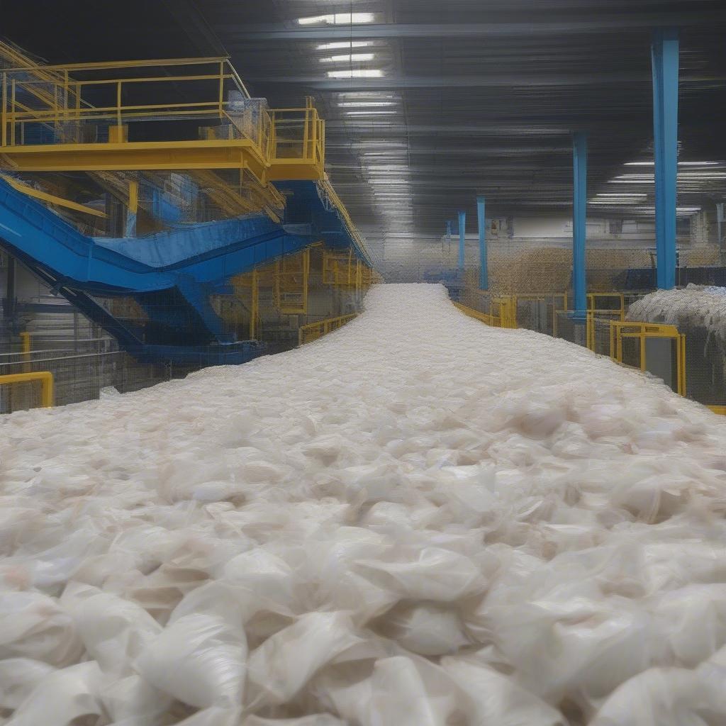 A recycling facility conveyor belt jammed with woven polypropylene bags