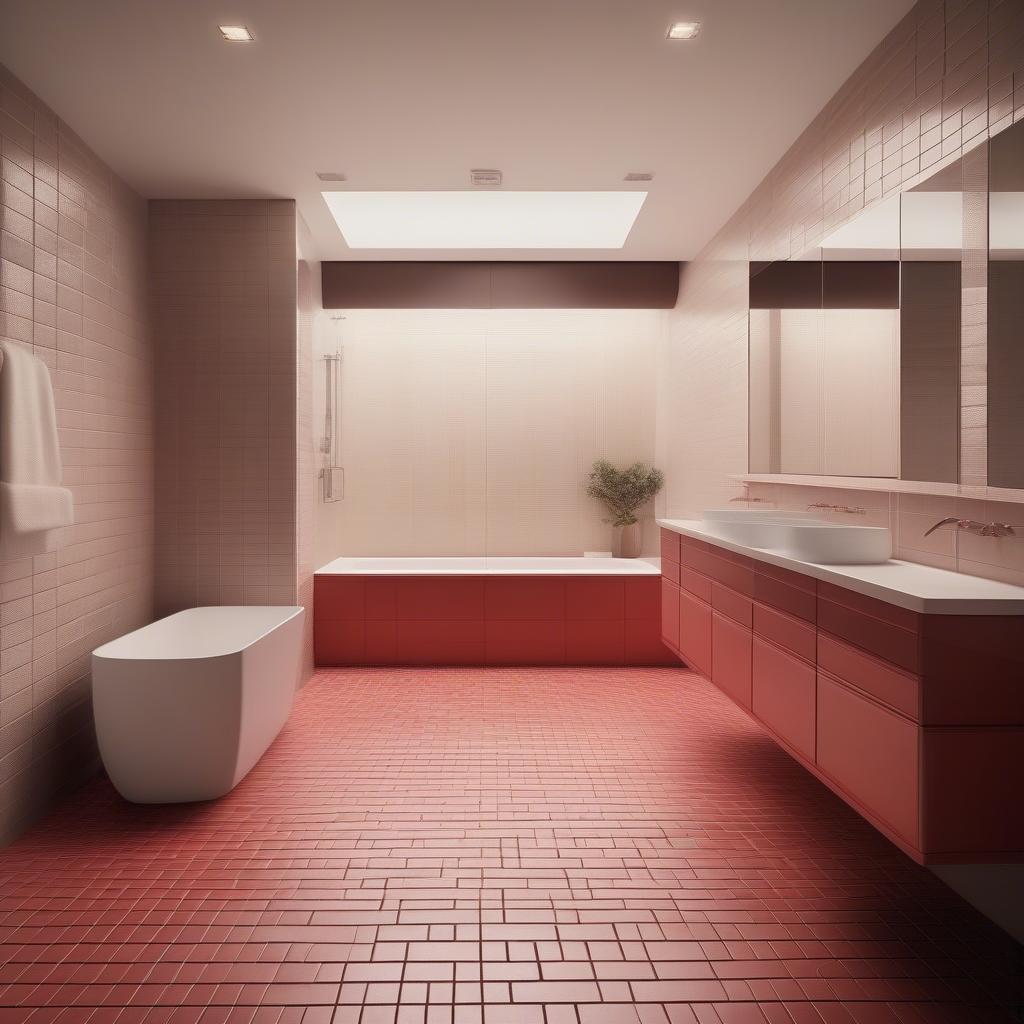 Red ceramic basket weave tiles on a bathroom floor