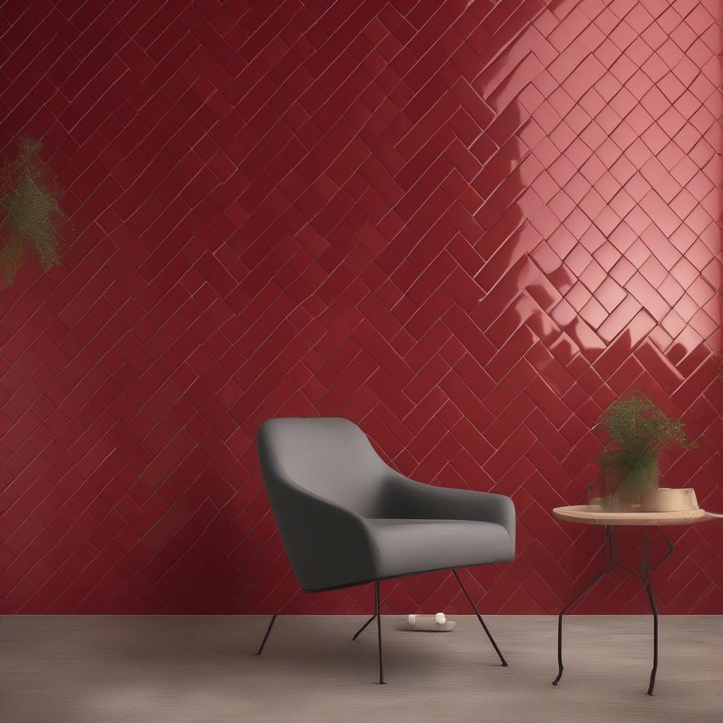 Red ceramic tiles in a herringbone pattern on an accent wall