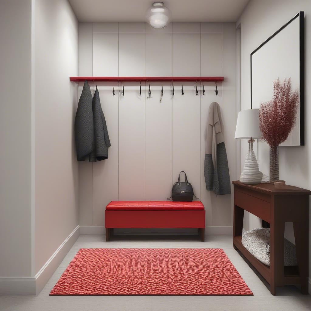 A red vinyl basket weave bench in a home entryway.