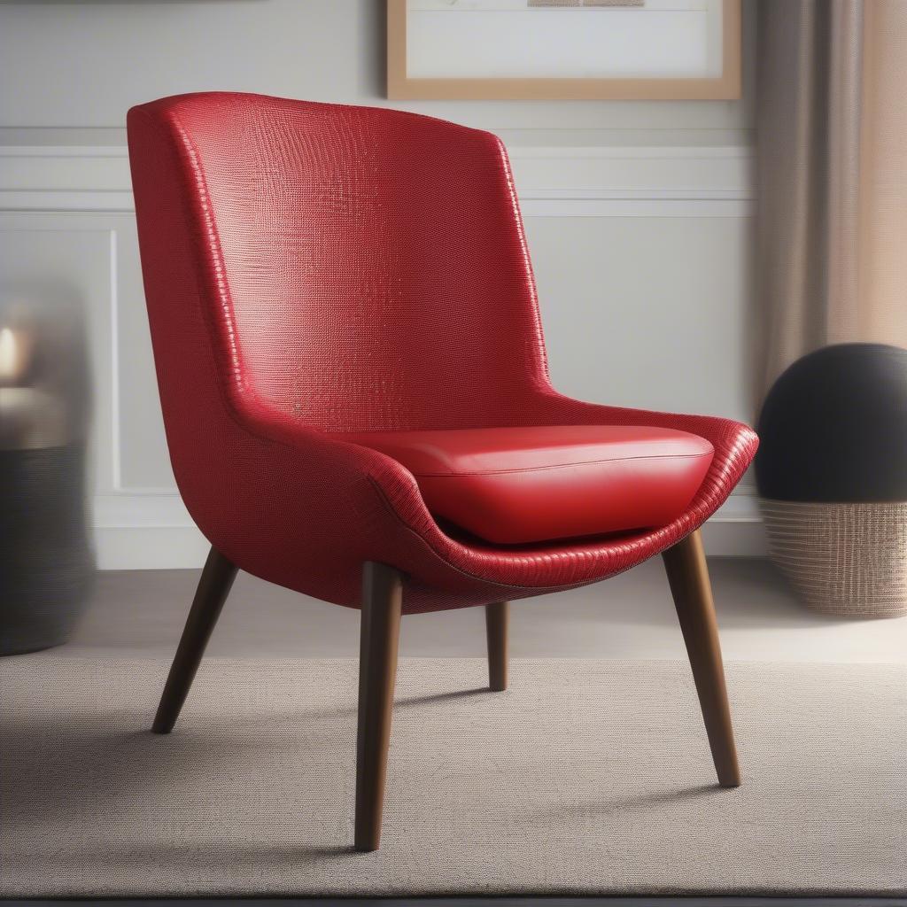 Red vinyl basket weave upholstery on a modern chair in a living room setting.