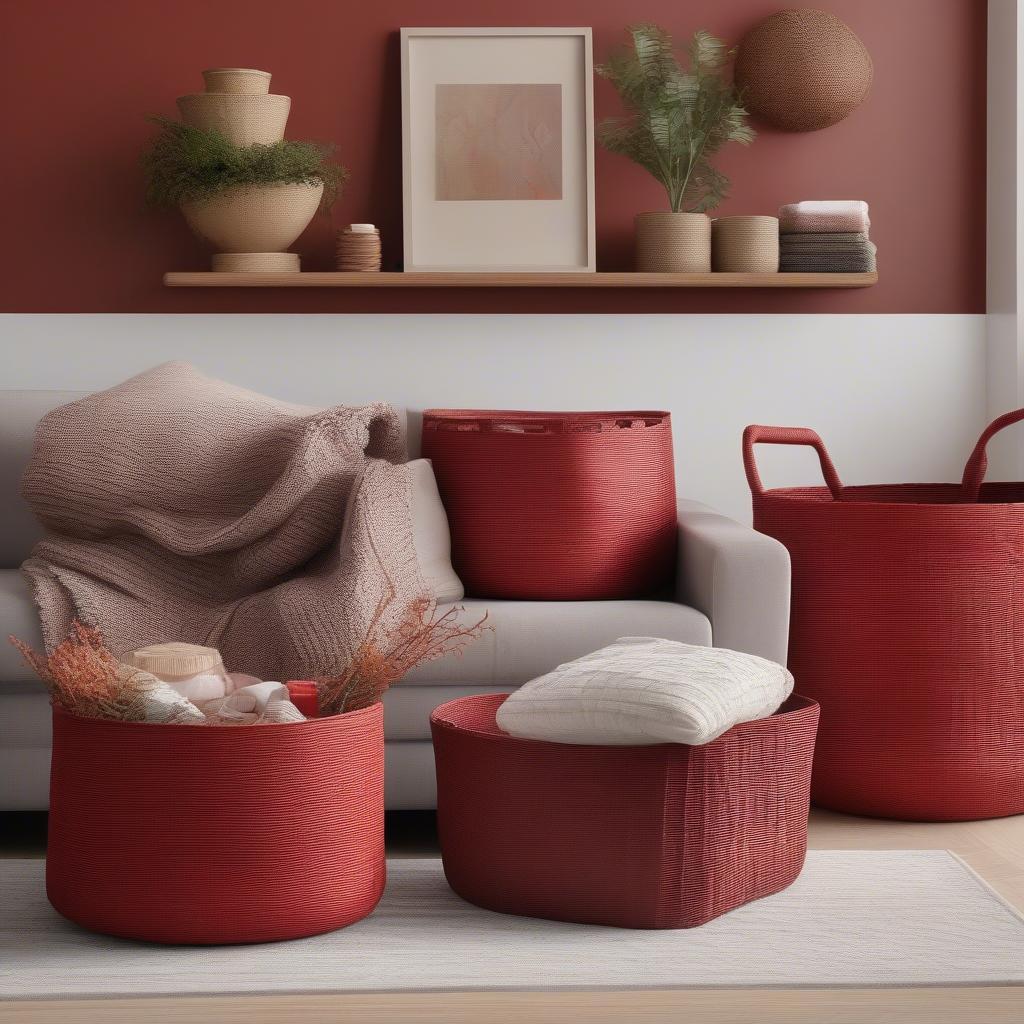 Red weave baskets used in various home decor settings, showcasing their versatility.