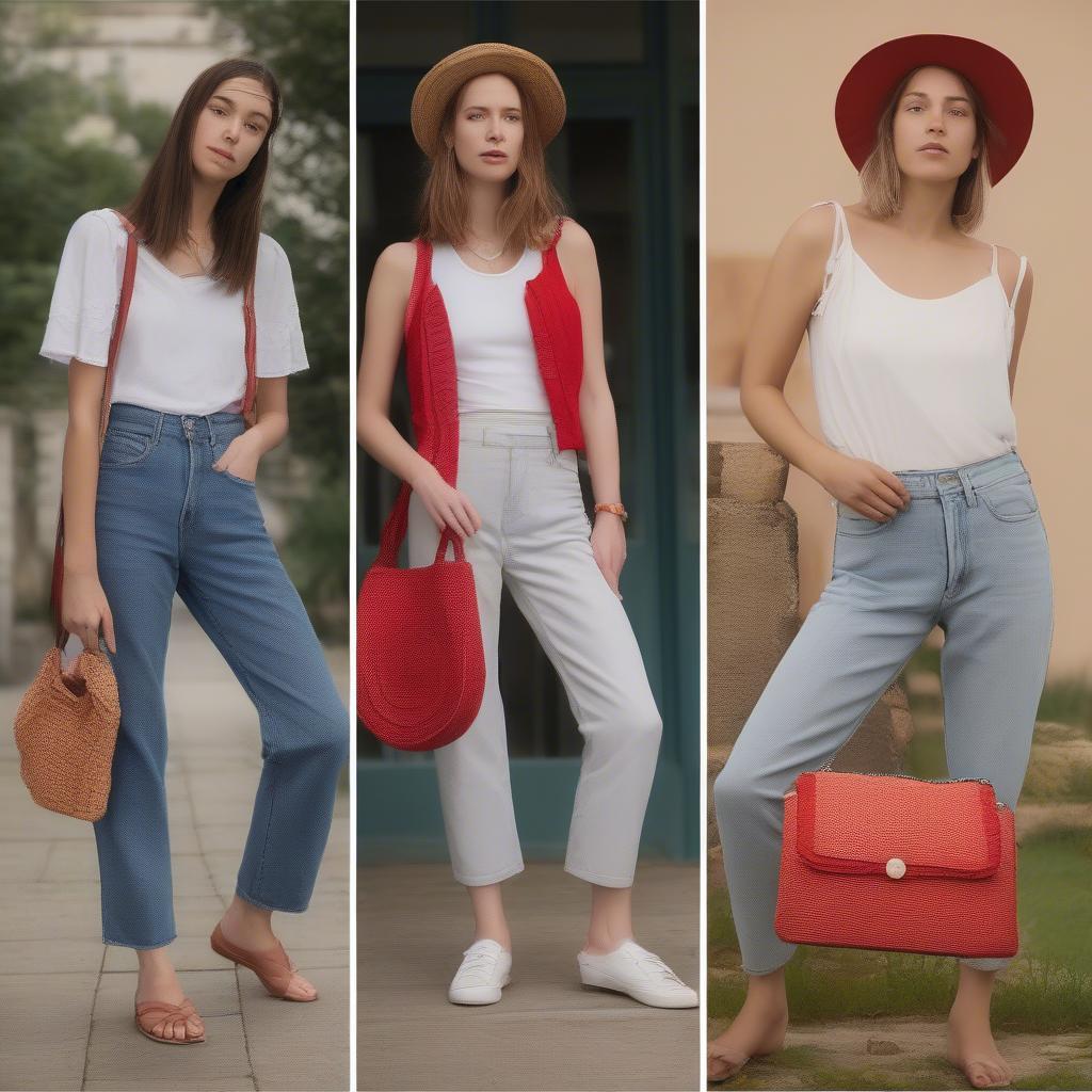 Red woven shoulder bag outfit ideas: demonstrating various styling options for different occasions.