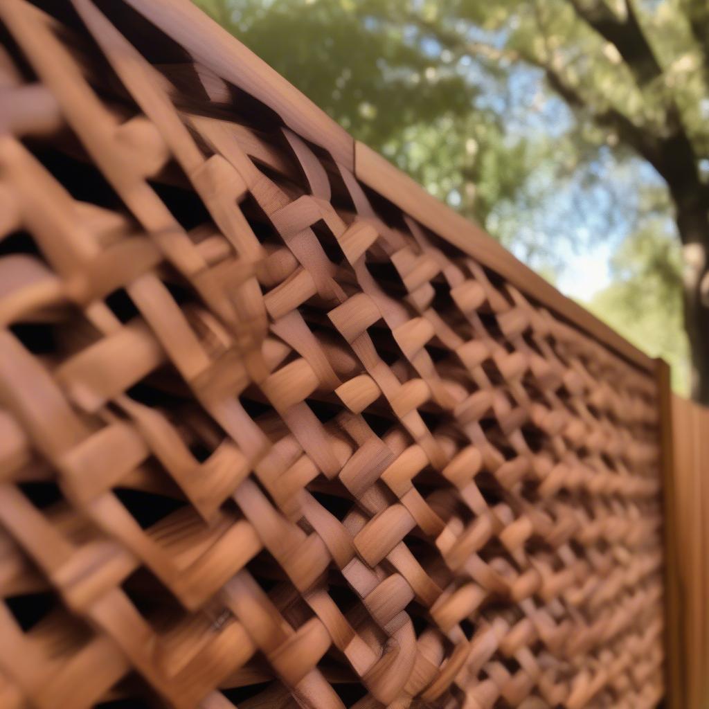 A beautifully crafted basket weave fence made from redwood, showcasing its rich color and natural resistance to the elements.