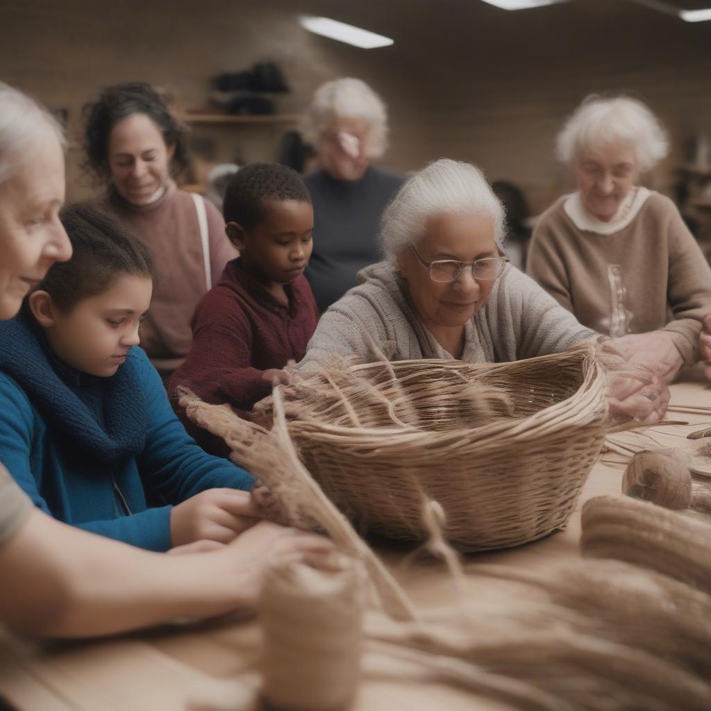 A group of people weaving baskets together in a workshop setting.