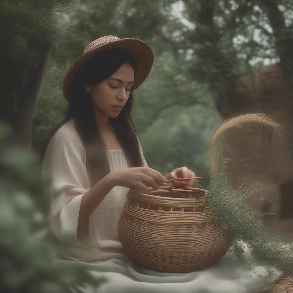 Woman weaving a basket in a peaceful setting