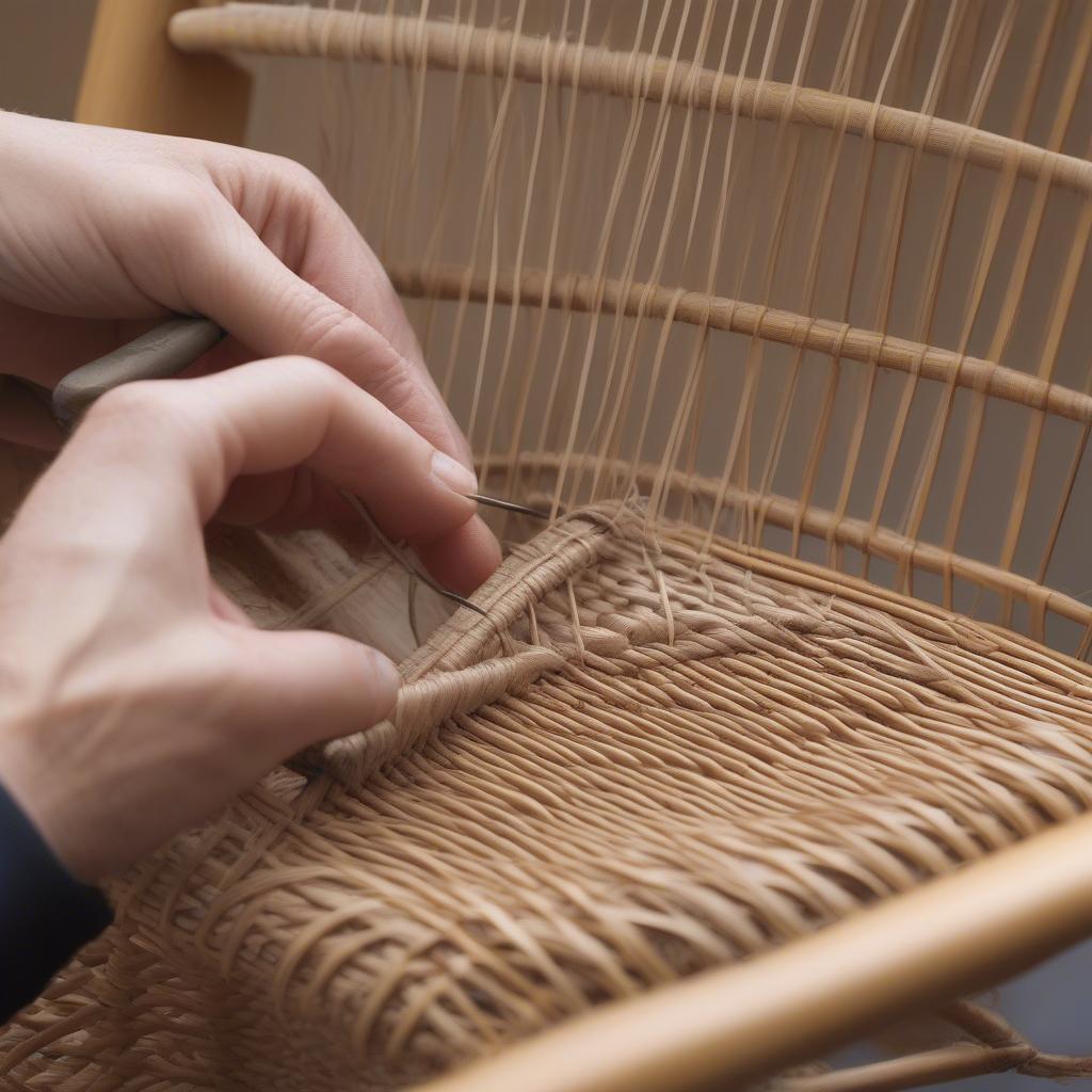 Hands weaving new wicker strand into existing chair seat weave