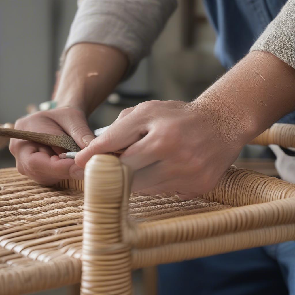 Repairing a dining chair seat weave with natural materials.