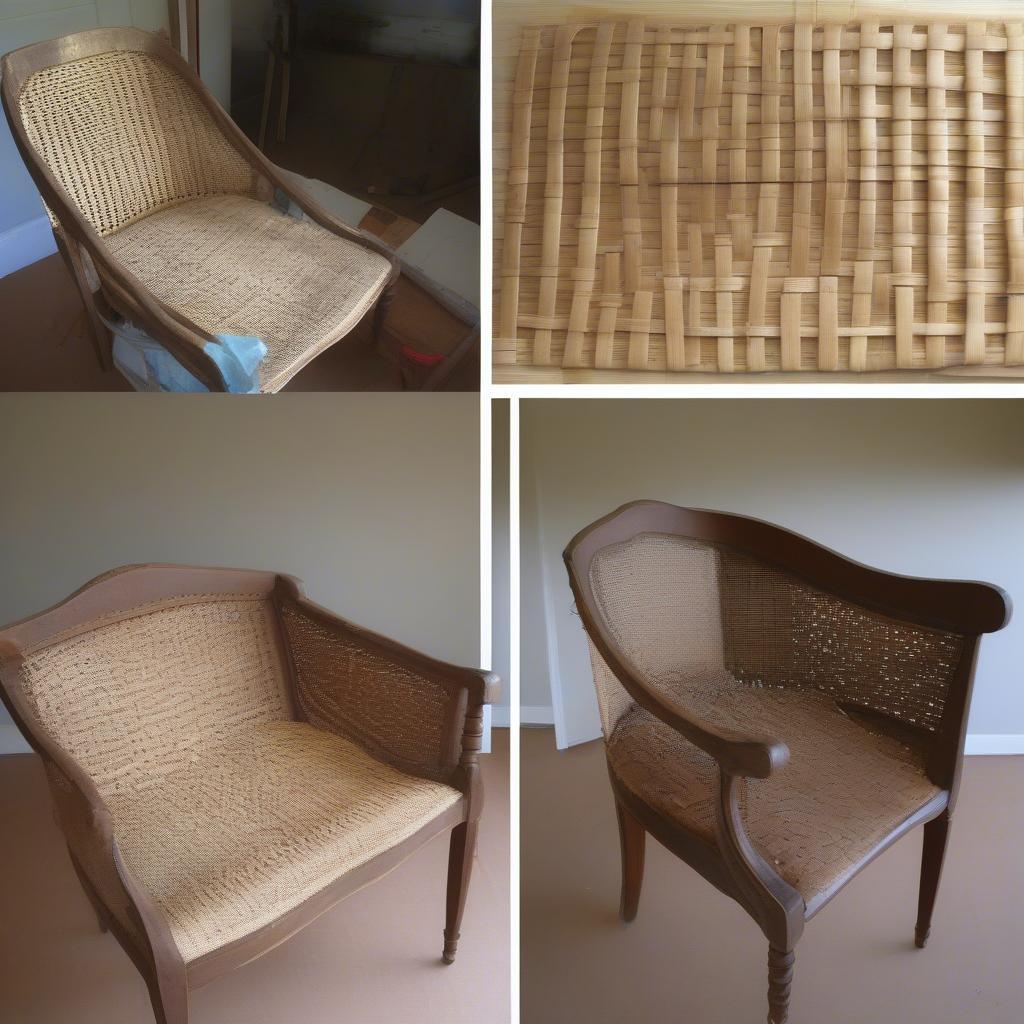 The process of replacing a basket weave chair bottom, showing the removal of the old seat and the weaving of the new one.