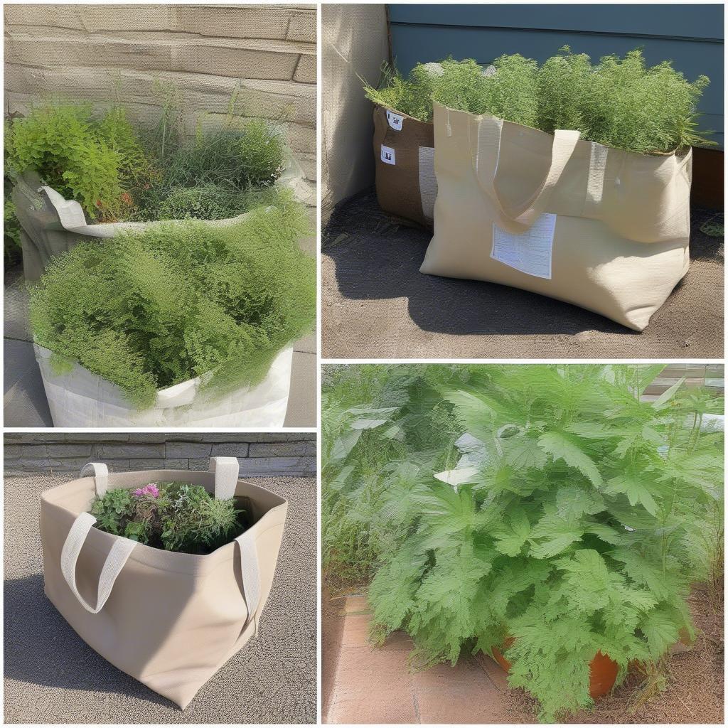 Examples of repurposed woven feed bags, such as tote bags, garden weed barriers, and plant covers.