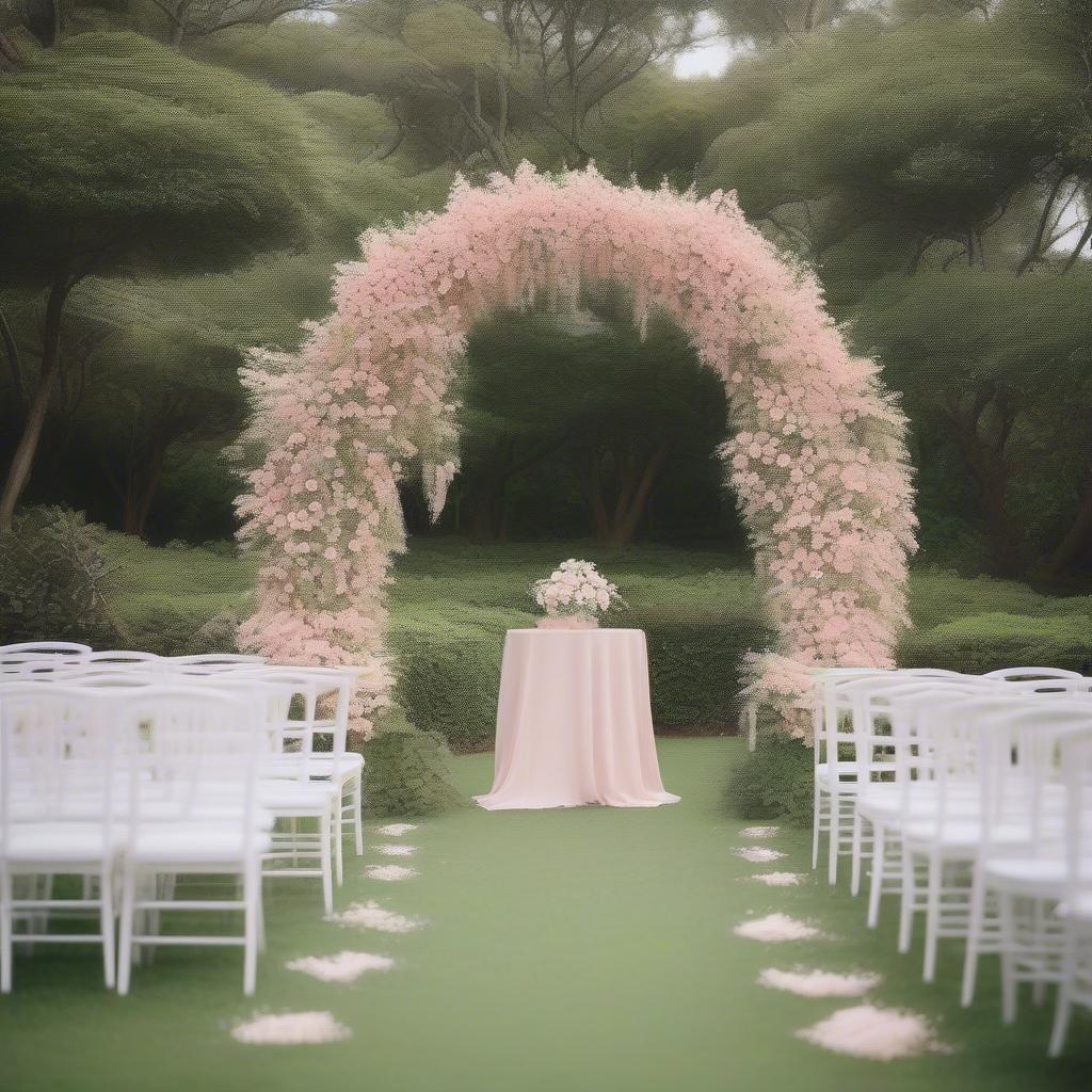 Resin blush pink Chiavari chairs at an outdoor wedding ceremony