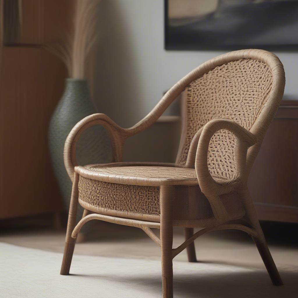 A beautifully restored woven chair sits in a sunlit room in Raleigh, NC.