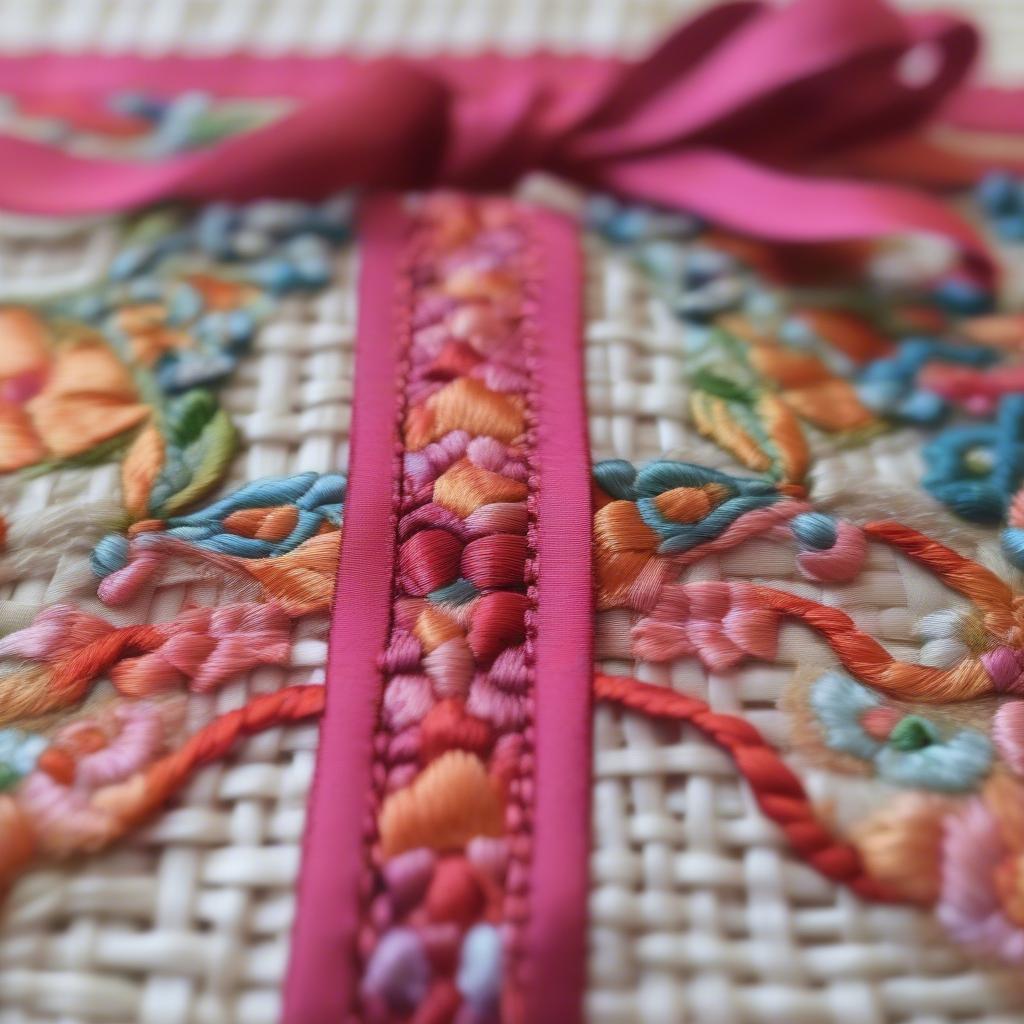 Example of ribbon embroidery on a basket weave fabric, showcasing the intricate details and textures