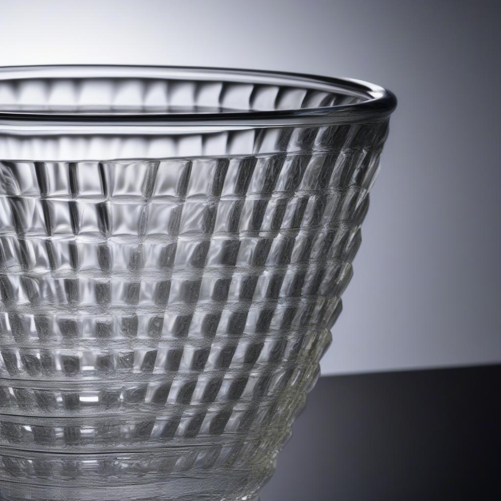 Riedel crystal vase with a detailed basket weave pattern, showcasing the intricate craftsmanship and the play of light on the clear crystal.