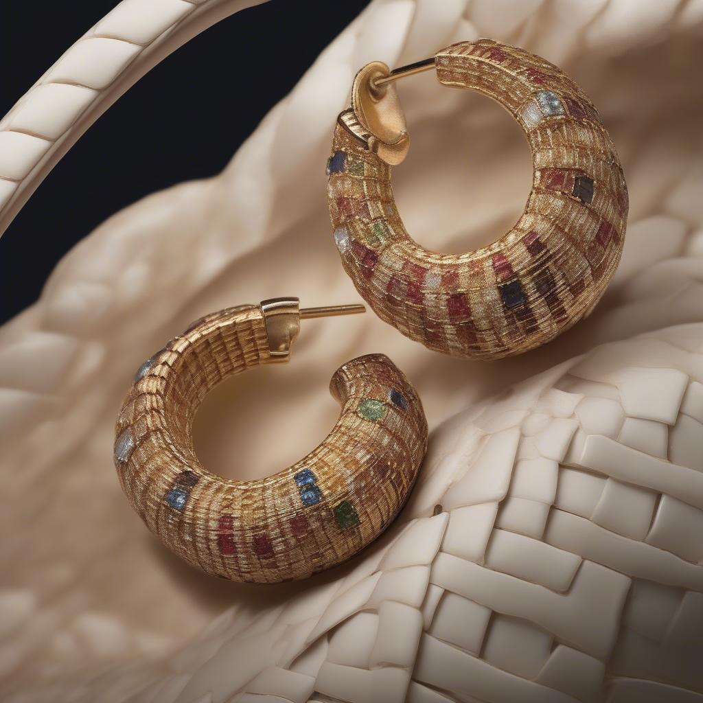 Close-up of Roberto Coin Basket Weave Earrings Showing Intricate Detail and Gemstone Setting