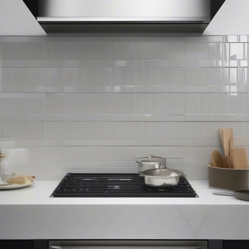 Roca tile basket weave backsplash in a modern kitchen