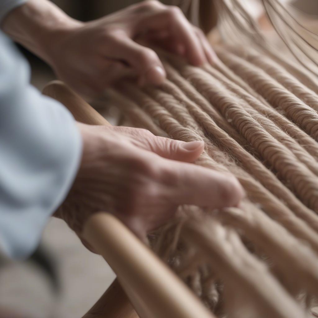 Rocking chair seat weaving process with close-up of hands weaving natural fiber cord.