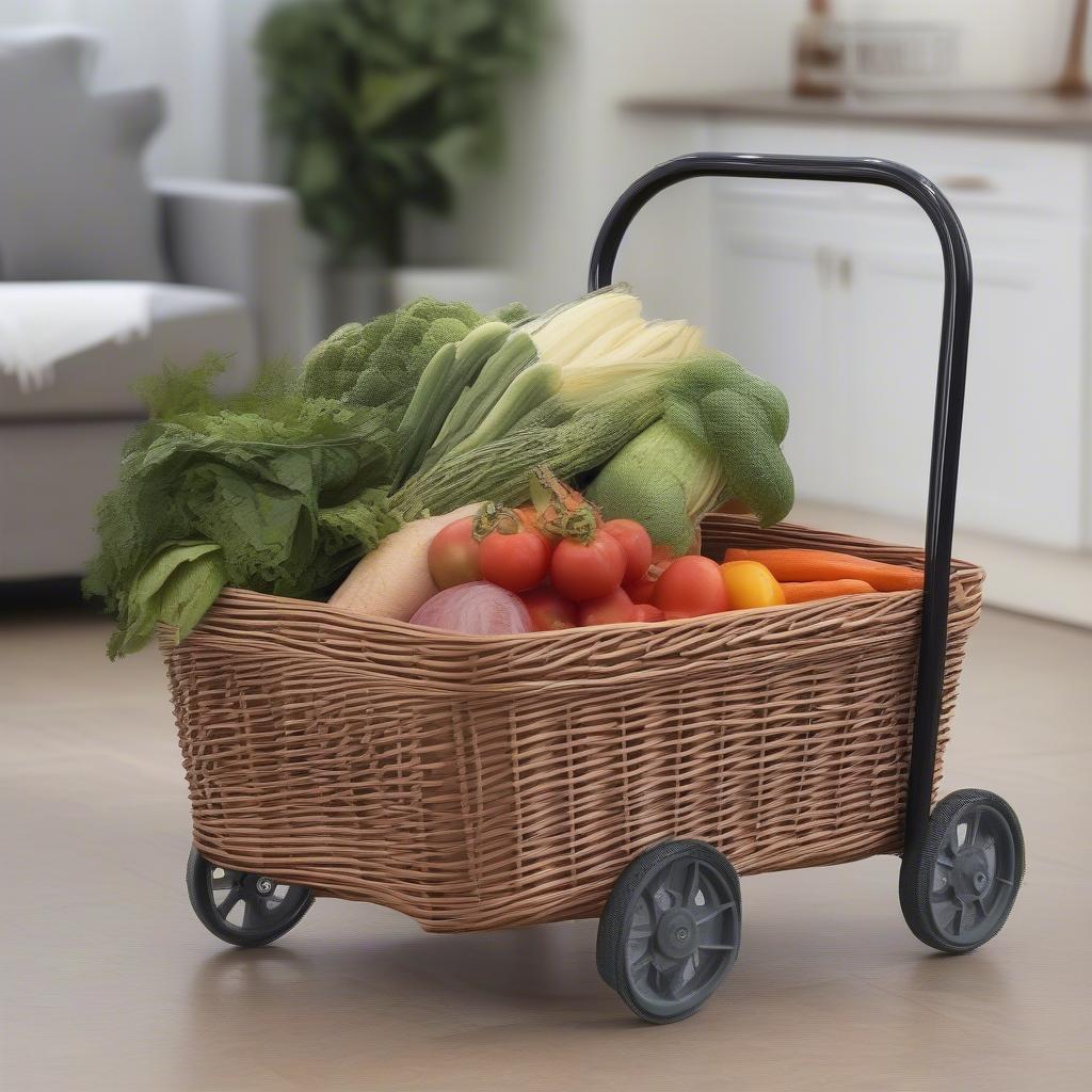 Wicker rolling shopping basket with metal frame and wheels