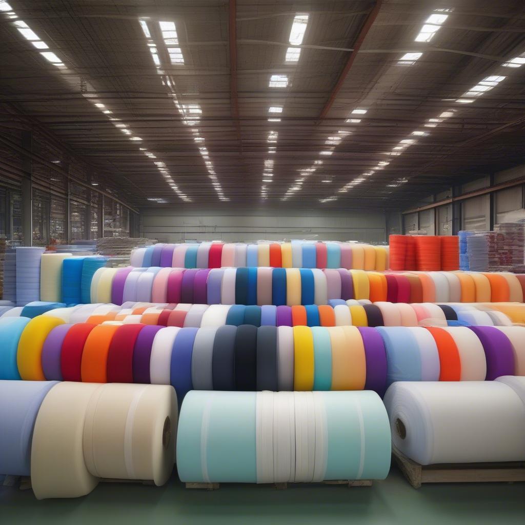 Rolls of colorful non-woven fabric in a factory