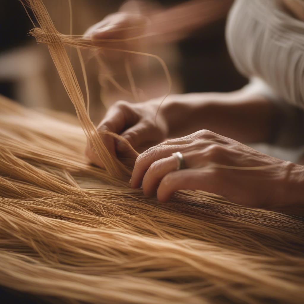 Woman weaving a rose straw hat