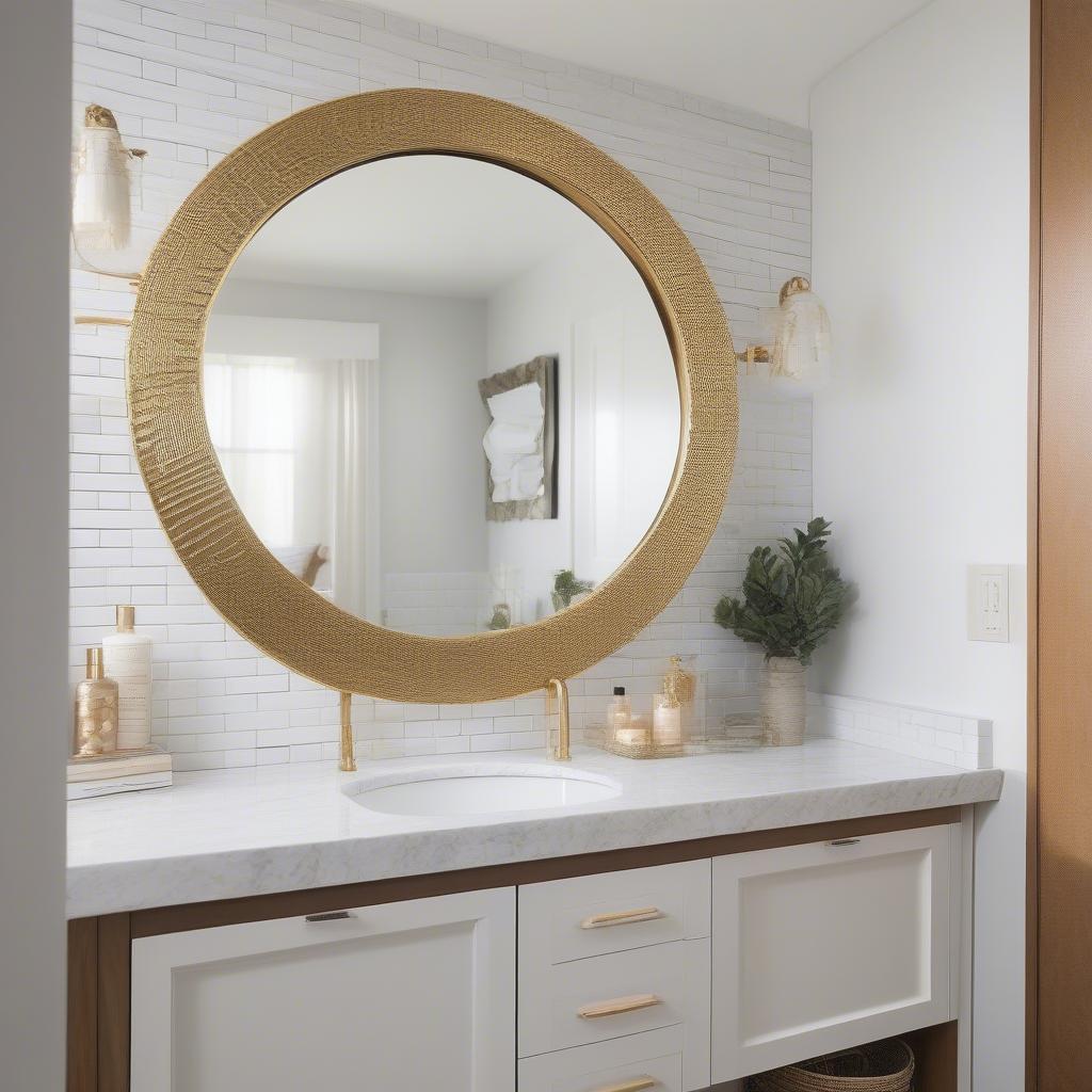 Round Mirror with Basket Weave Metal Border in a Bathroom