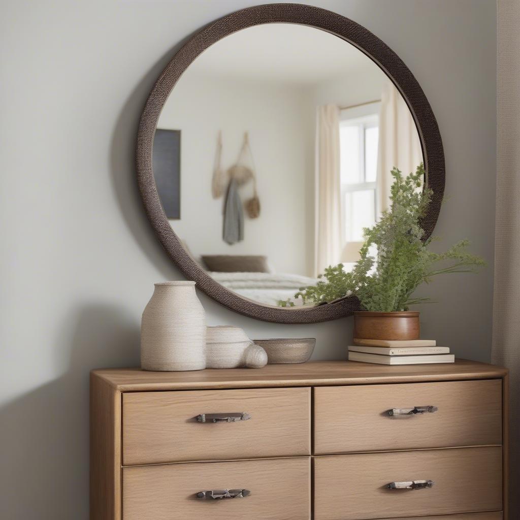 Round Mirror with Basket Weave Metal Border in a Bedroom