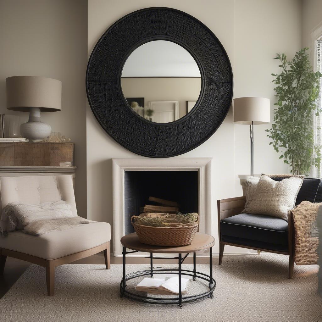 Round Mirror with Basket Weave Metal Border in a Living Room