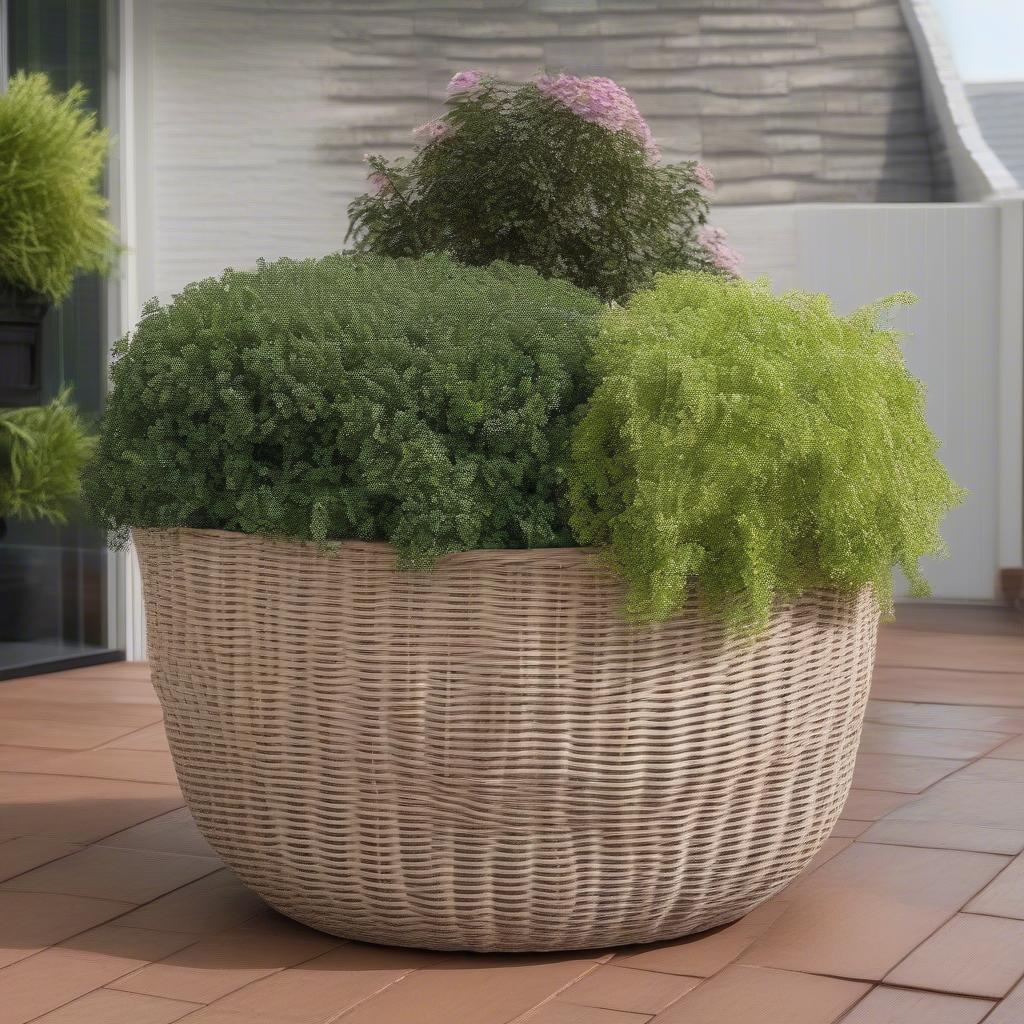 Round Poly Weave Basket on Outdoor Patio