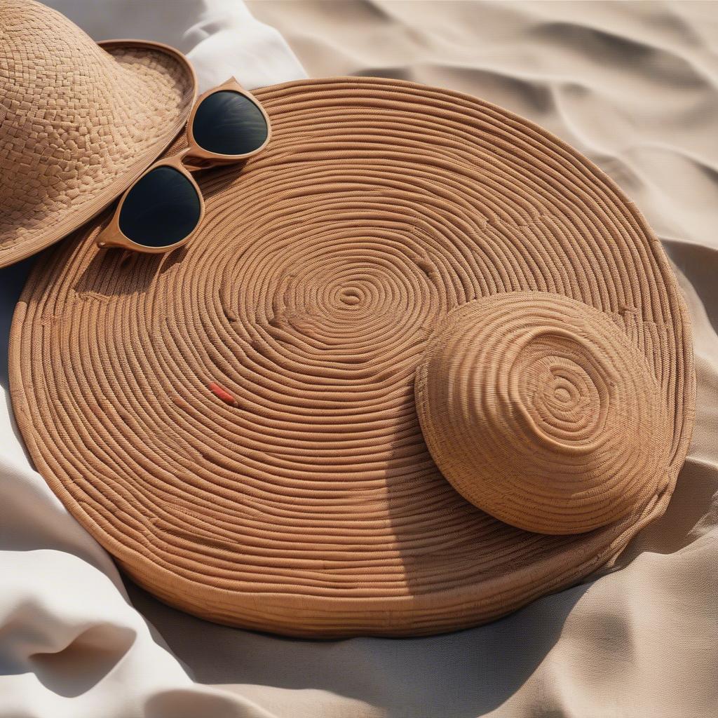 Round rattan woven bag on a beach towel with sunglasses and a summer hat.