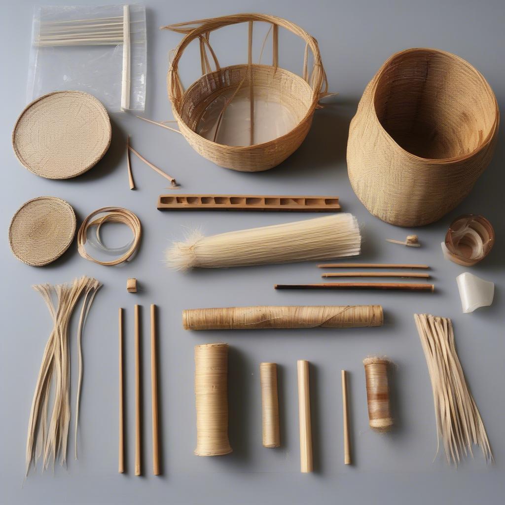 Round reed basket weaving basics: Showing the various tools and materials needed, including different sizes of round reed, a soaking container, a base, and weaving tools.