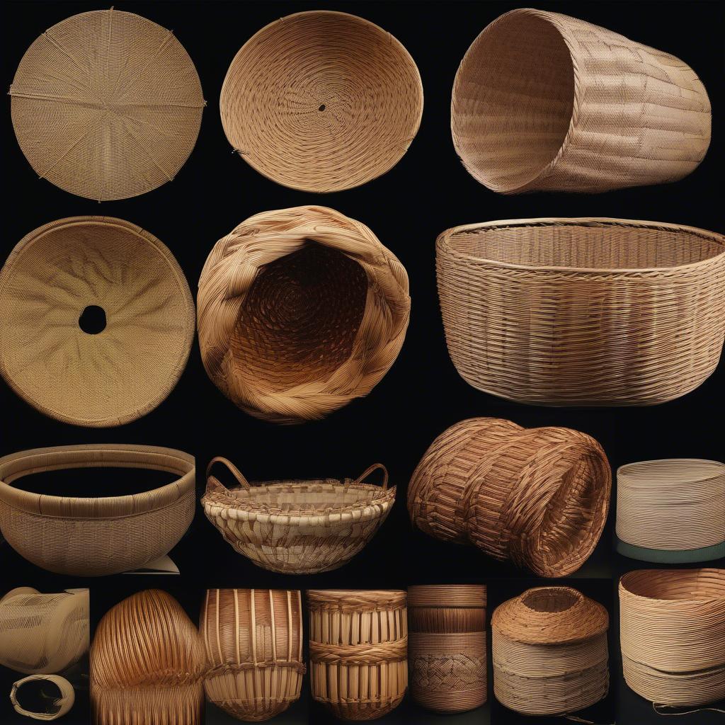 Different round reed basket weaving techniques: Illustrating various weaving patterns, such as twining, coiling, and plaiting, with close-ups of each.