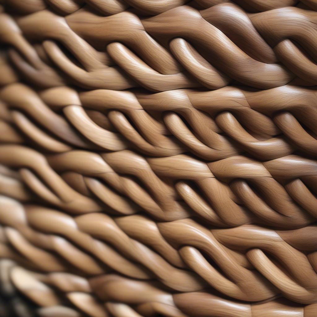 Close-up view of a round wooden basket weave pattern, showcasing the intricate details of the weaving technique and the natural beauty of the wood.