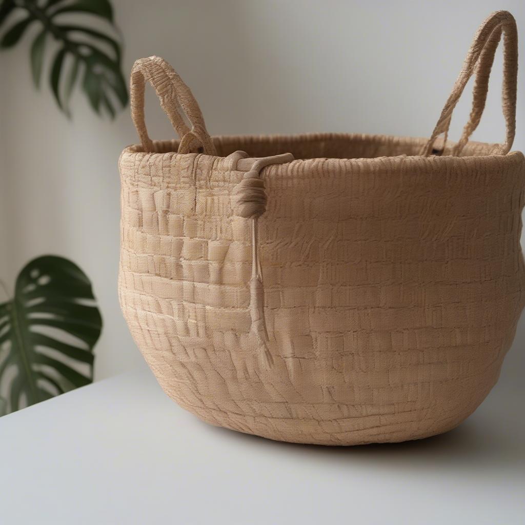 Round woven basket bag made of natural fibers, showcasing intricate craftsmanship and sustainable materials.