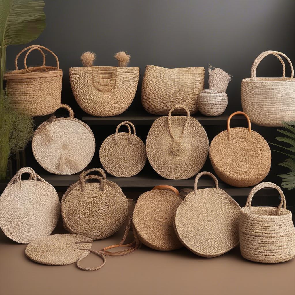 Round woven tote bags in various sizes and materials.