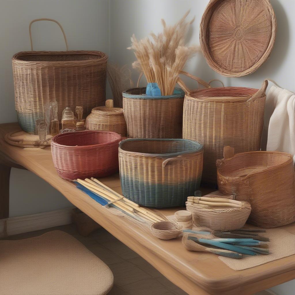 A wide variety of Royalwood basket weaving supplies, including reeds, rattan, handles, and bases.