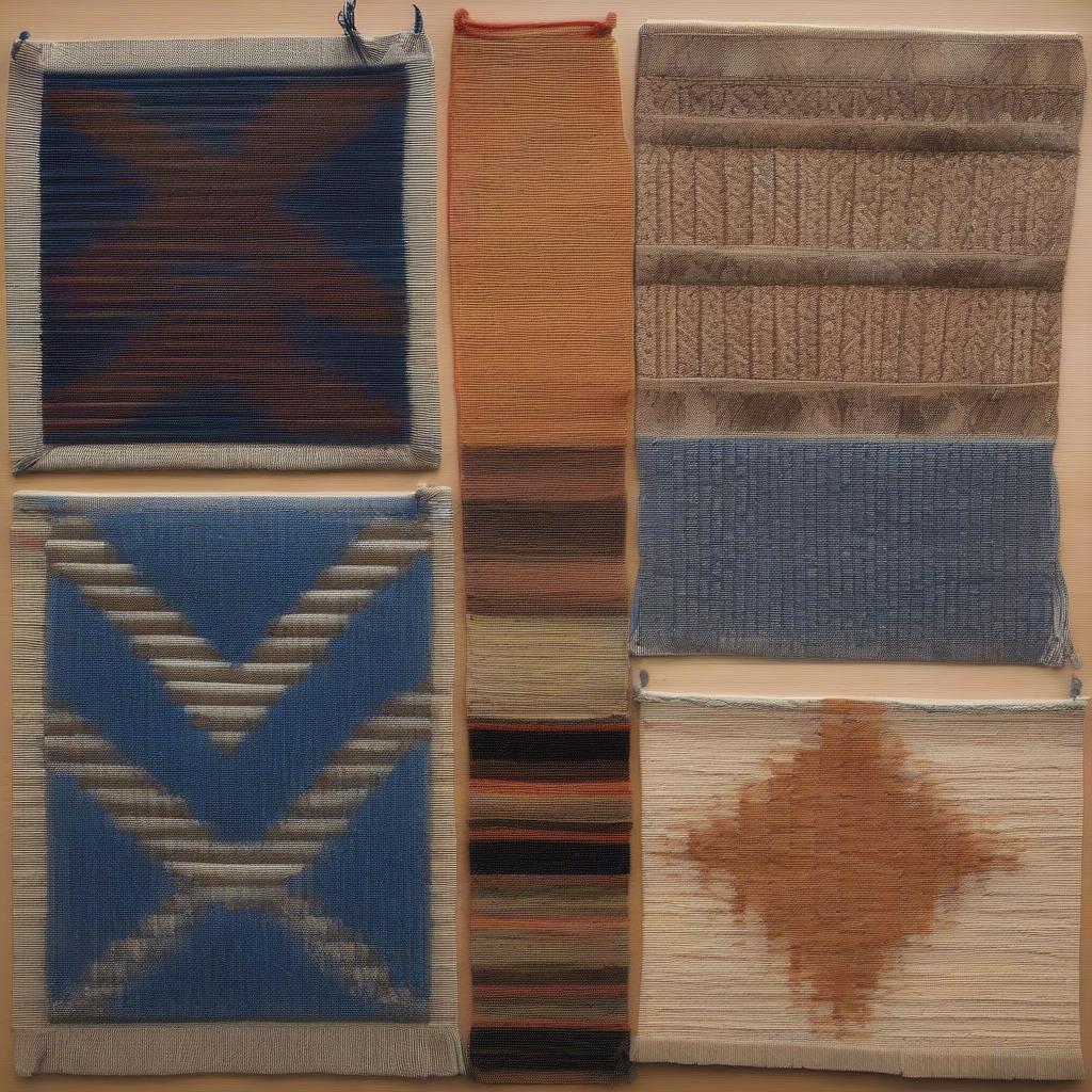 Different weaving techniques for rug yarn bags, including tabby, basket, twill, and soumak.