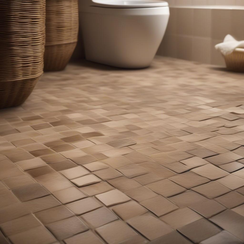 Rustic basket weave tile flooring in a bathroom, showcasing a warm and inviting atmosphere