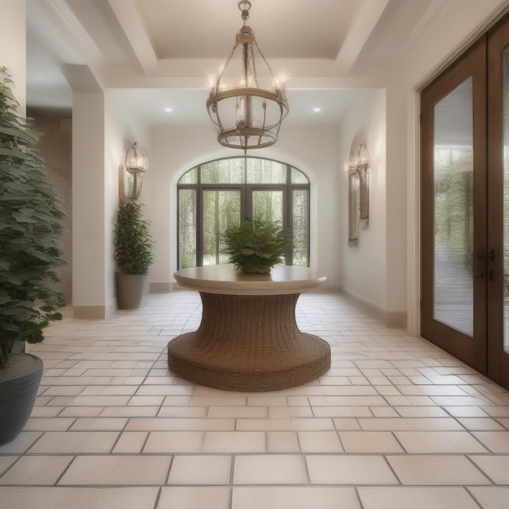 Rustic basket weave tile flooring in an entryway, making a grand entrance.