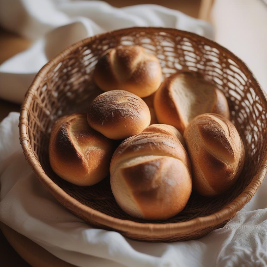 A rustic weaved bread basket sits on a dining table, filled with assorted bread rolls and a linen napkin.