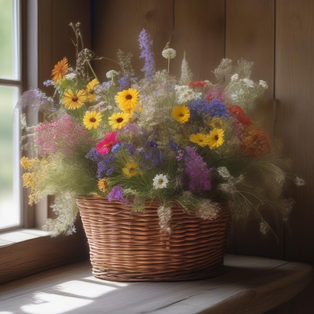 Rustic wildflower arrangement in a weaved basket on a wooden table