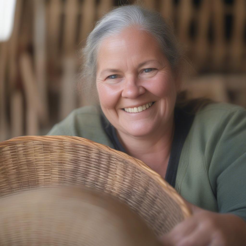 Portrait of Ruth Woods, a renowned basket weaver, holding one of her intricate creations.