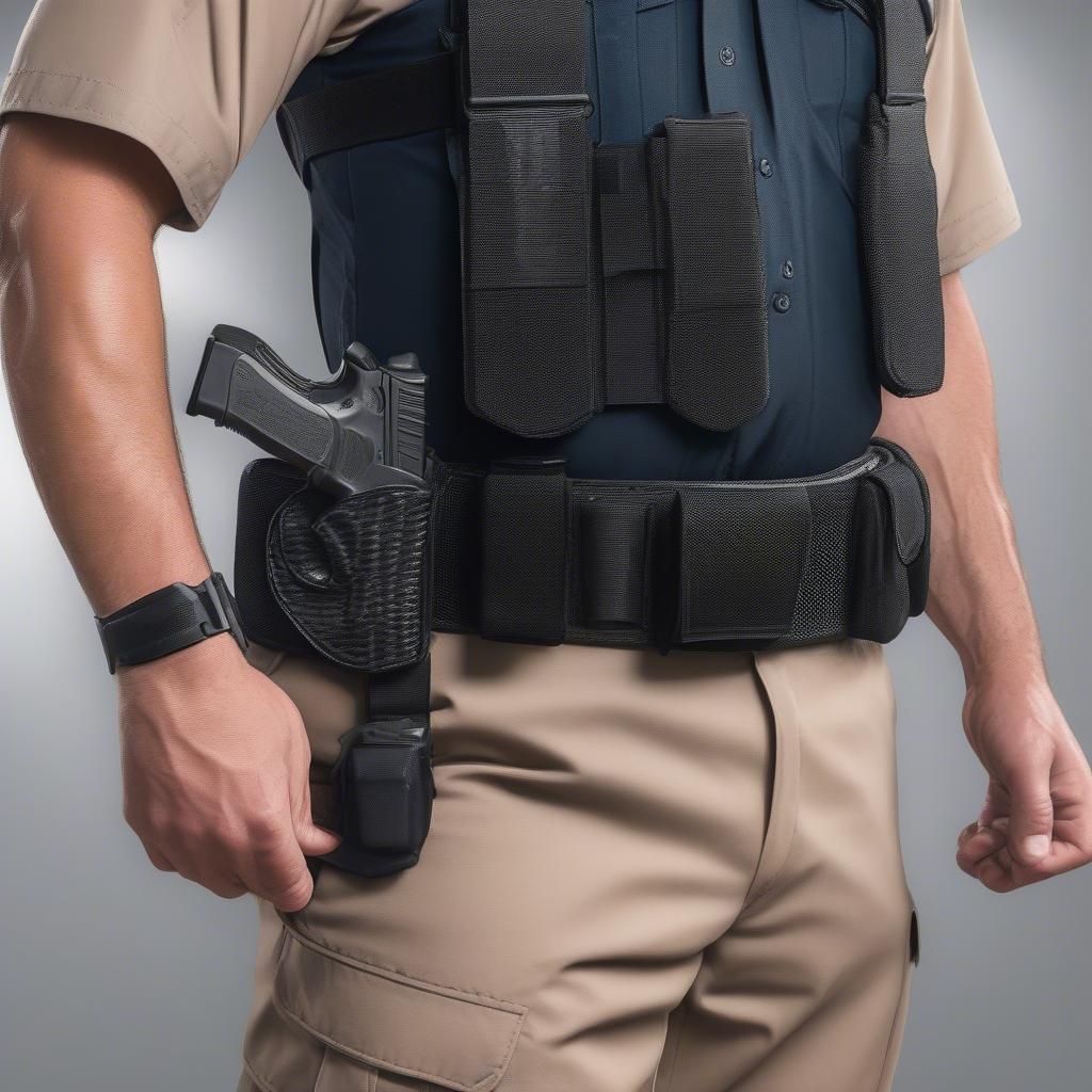 A law enforcement officer wearing a Safariland basket weave belt with holster and other accessories.