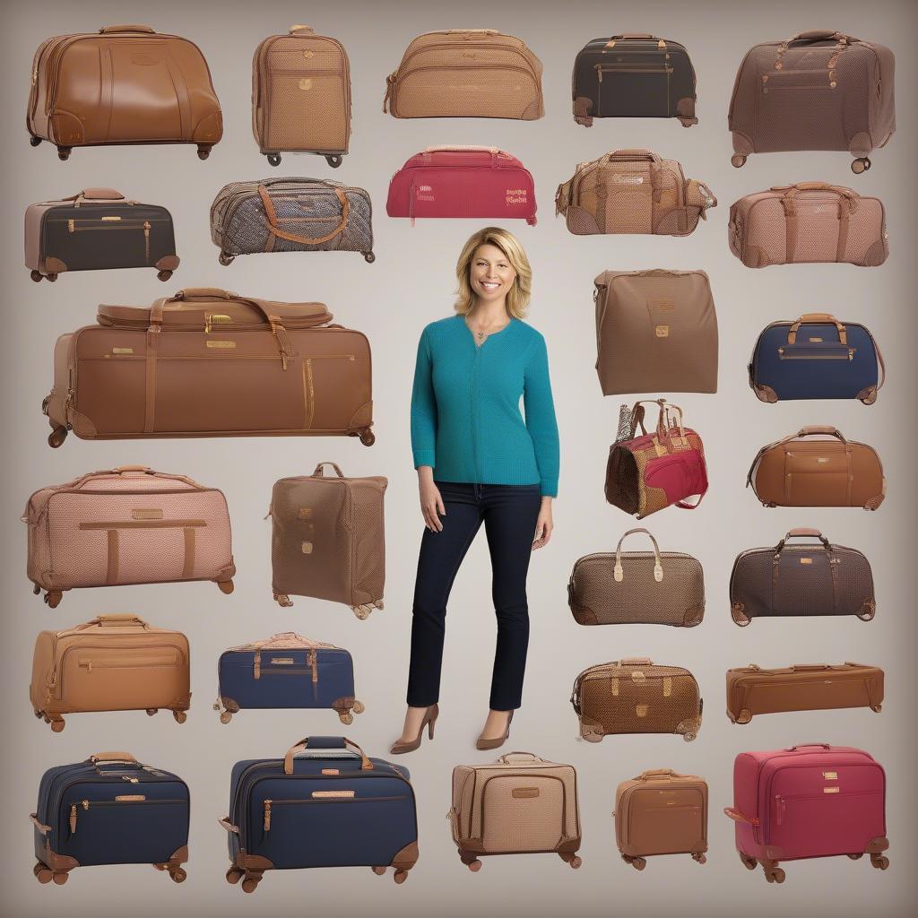 A collection of Samantha Brown luggage in various sizes and styles, including spinners, duffels, and totes.