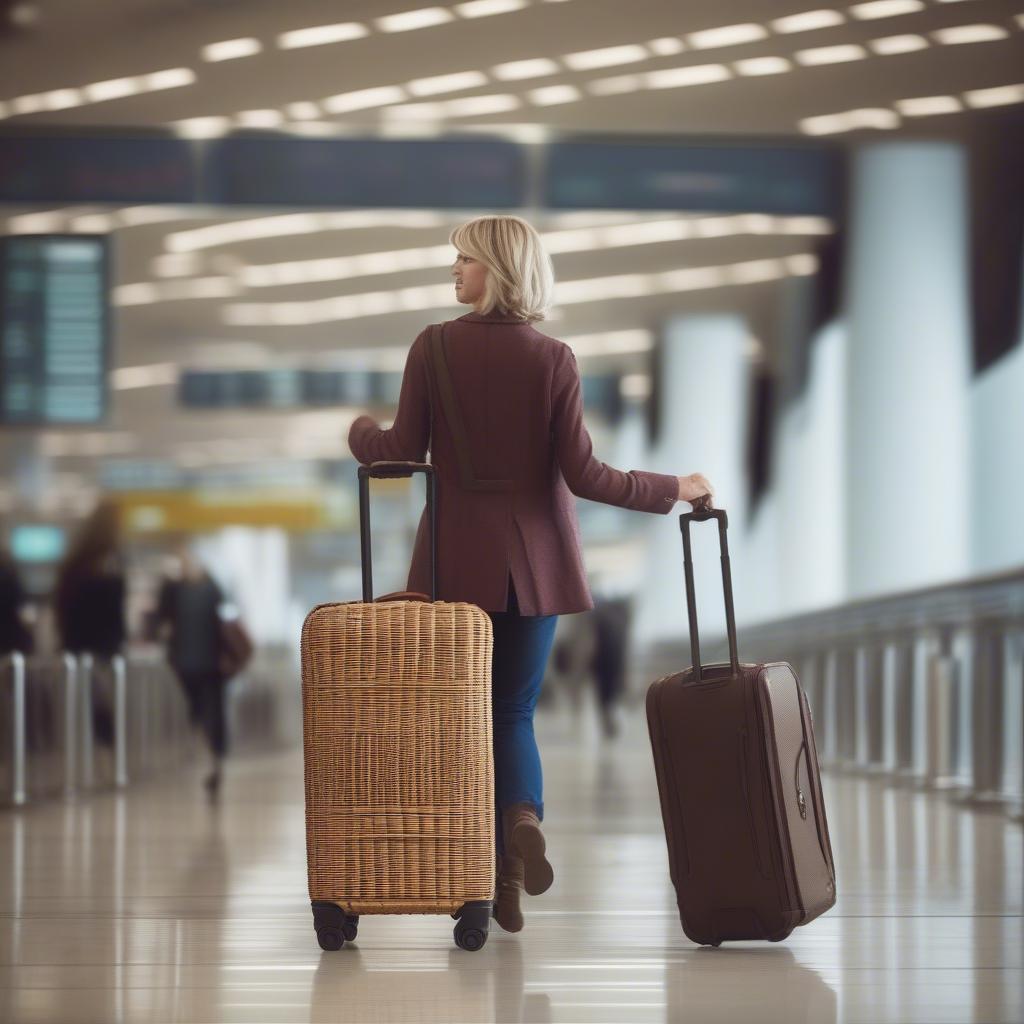 Samantha Brown rattan luggage being wheeled through a busy airport.