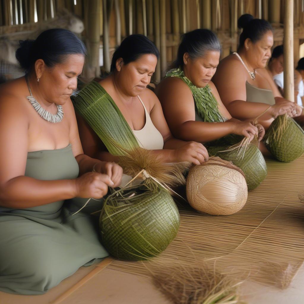 Samoan Women Weaving Traditional Bags