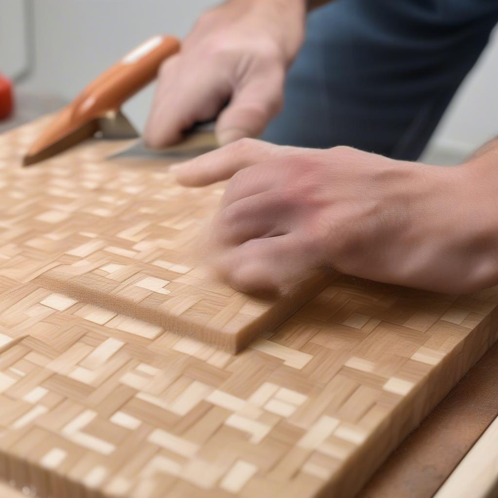 Sanding a basket weave cutting board