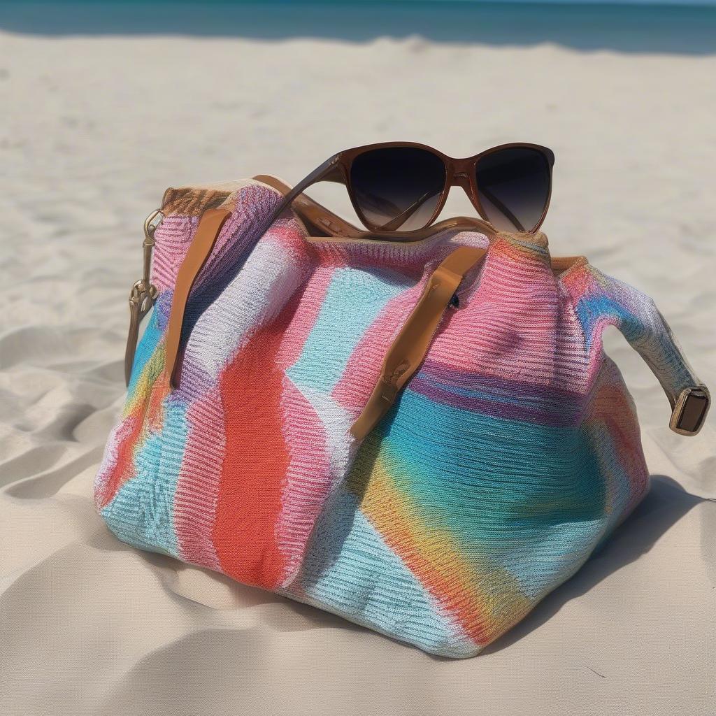 Sassy Caddy Dream Weave Bag on a beach with a towel and sunglasses